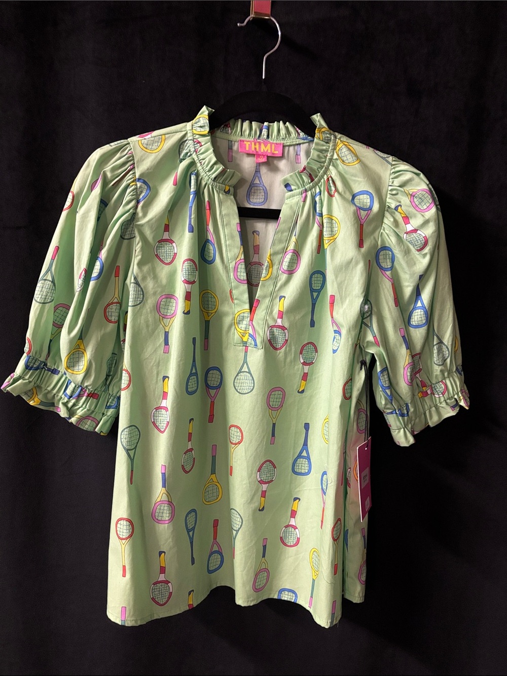 THML Light Green Ruffled Tennis Racket Print Blouse